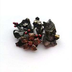 Kenneth Cole Christmas Poinsetta Cat Pewter Enamel Brooch Pin